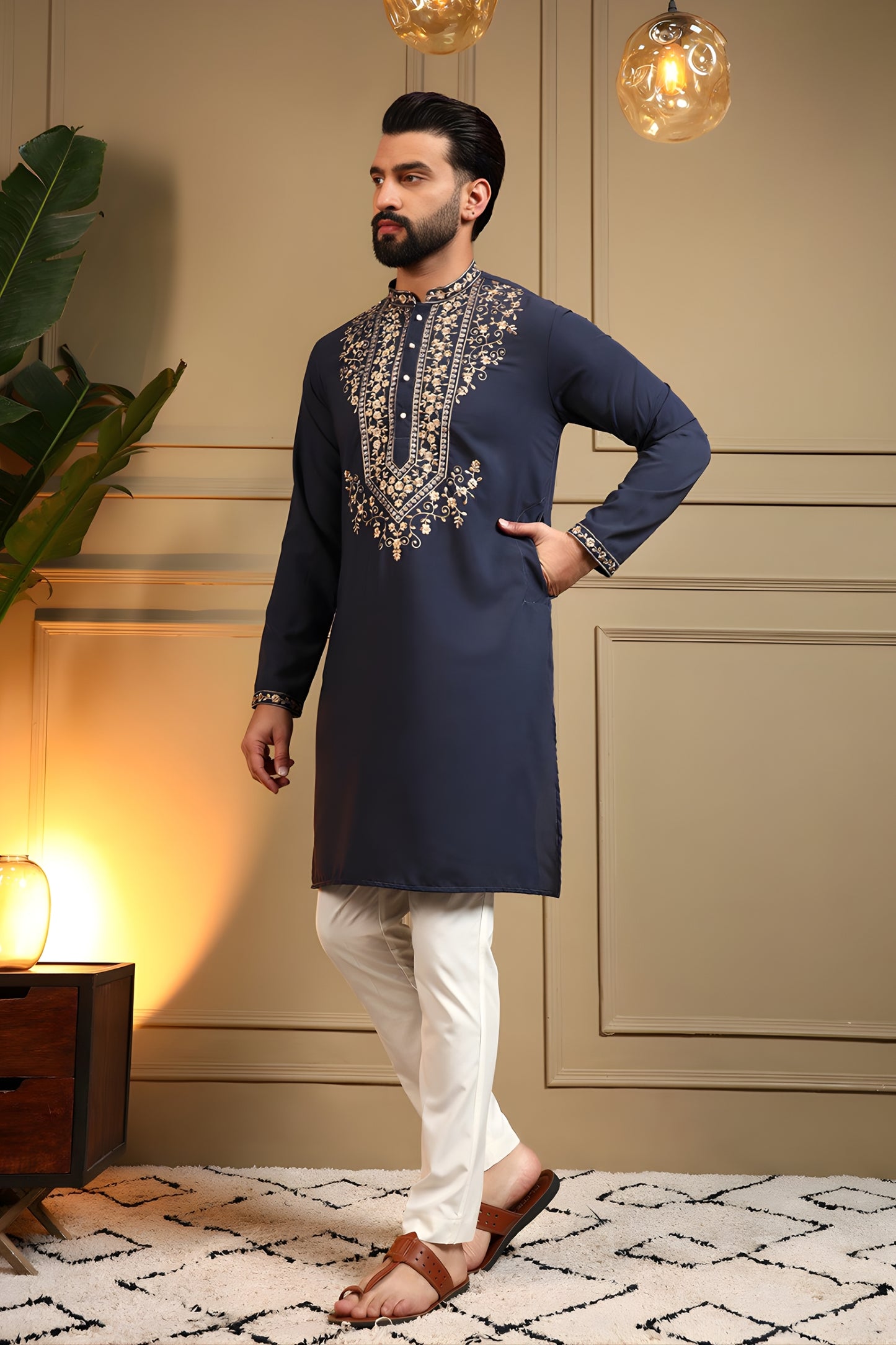 Unique Navy Blue Armani Lachko Embroidered Designer Kurta Pyjama for Men