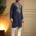 Unique Navy Blue Armani Lachko Embroidered Designer Kurta Pyjama for Men