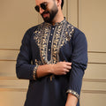 Unique Navy Blue Armani Lachko Embroidered Designer Kurta Pyjama for Men