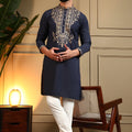 Unique Navy Blue Armani Lachko Embroidered Designer Kurta Pyjama for Men