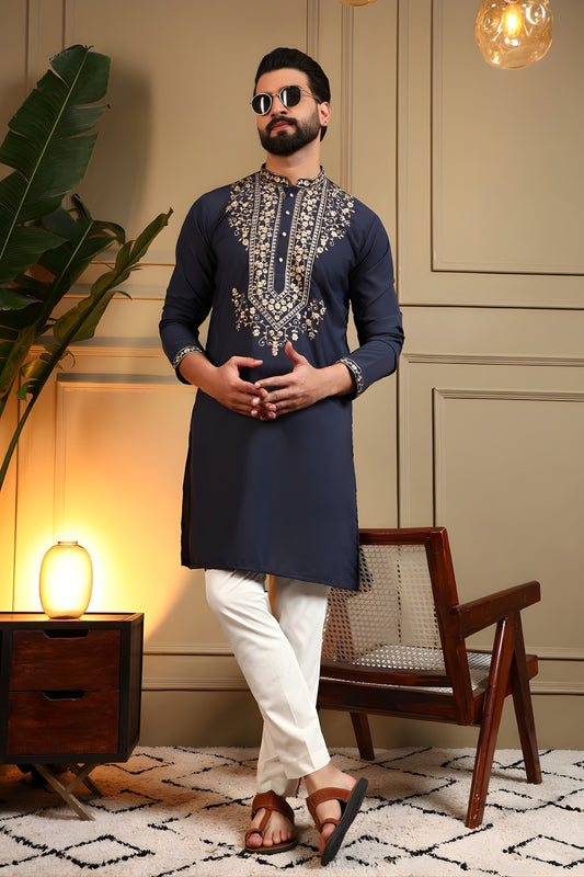 Unique Navy Blue Armani Lachko Embroidered Designer Kurta Pyjama for Men
