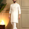Glorious White Armani Lachko Embroidered Designer Kurta Pyjama for Men