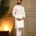 Glorious White Armani Lachko Embroidered Designer Kurta Pyjama for Men