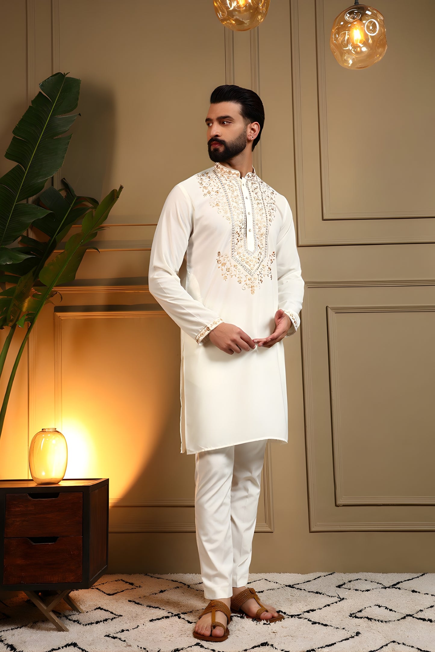 Glorious White Armani Lachko Embroidered Designer Kurta Pyjama for Men