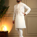 Glorious White Armani Lachko Embroidered Designer Kurta Pyjama for Men