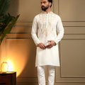 Glorious White Armani Lachko Embroidered Designer Kurta Pyjama for Men