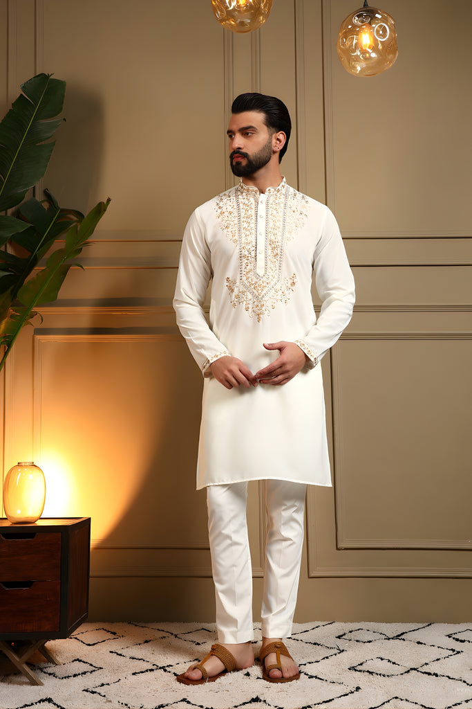 Glorious White Armani Lachko Embroidered Designer Kurta Pyjama for Men