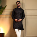 Attractive Black Viscose Silk Embroidered Designer Kurta Pyjama for Men