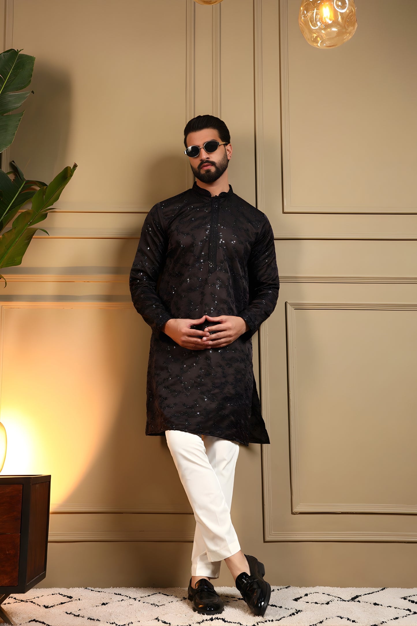 Attractive Black Viscose Silk Embroidered Designer Kurta Pyjama for Men