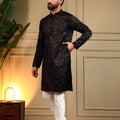 Attractive Black Viscose Silk Embroidered Designer Kurta Pyjama for Men