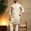 Classic Cream Viscose Silk Embroidered Designer Kurta Pyjama for Men