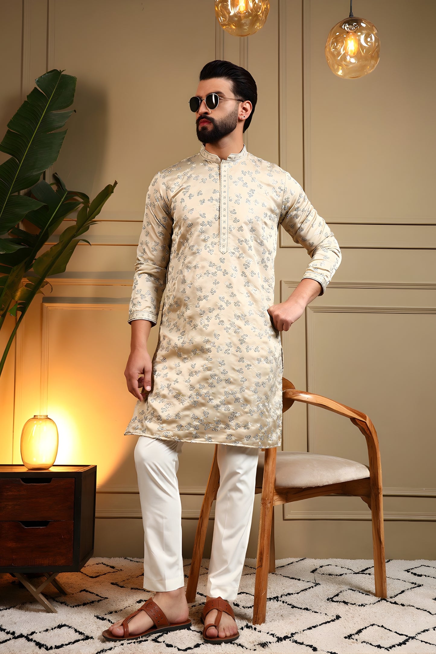 Classic Cream Viscose Silk Embroidered Designer Kurta Pyjama for Men