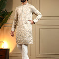 Classic Cream Viscose Silk Embroidered Designer Kurta Pyjama for Men