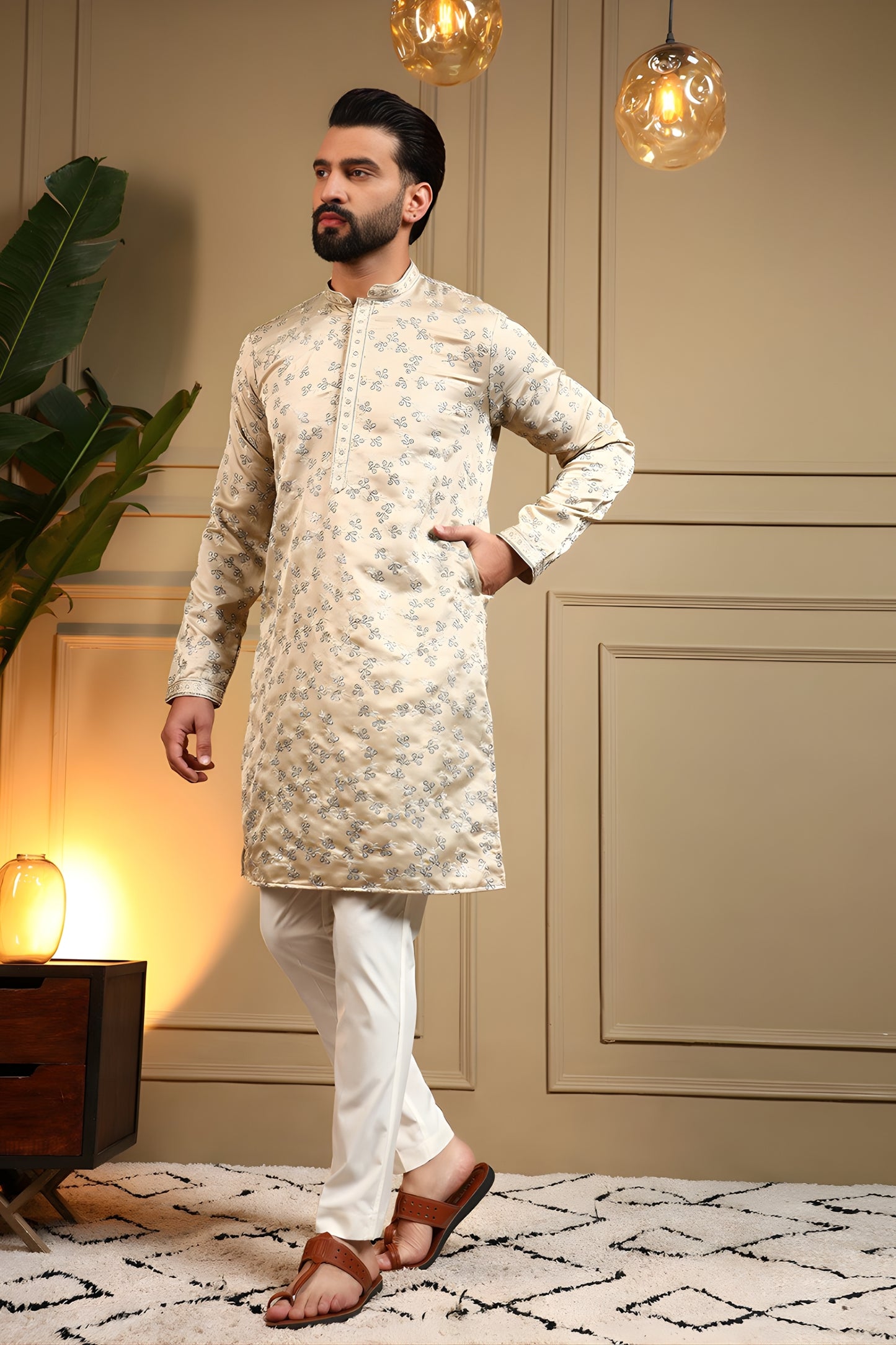 Classic Cream Viscose Silk Embroidered Designer Kurta Pyjama for Men