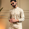 Classic Cream Viscose Silk Embroidered Designer Kurta Pyjama for Men