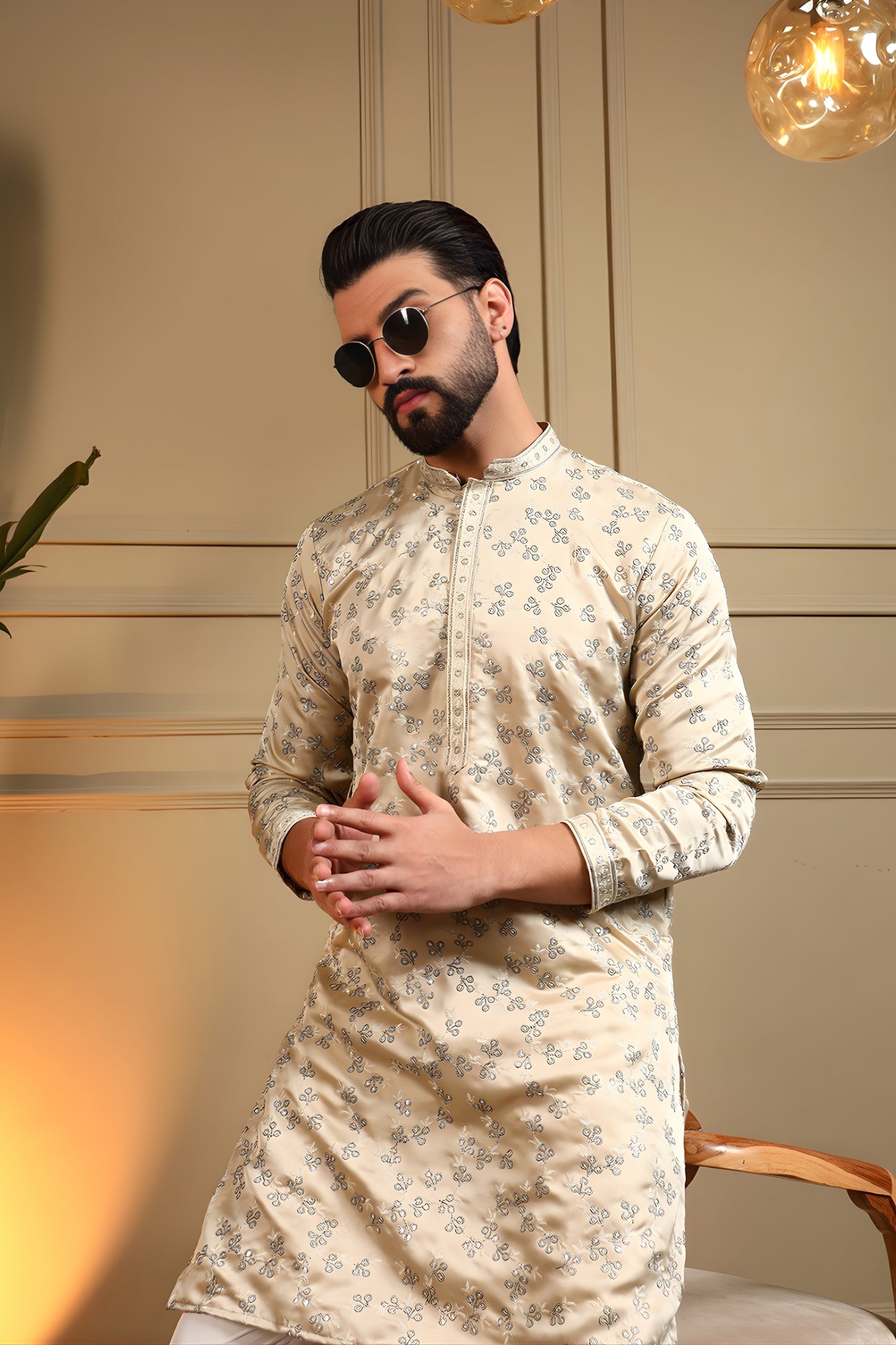 Classic Cream Viscose Silk Embroidered Designer Kurta Pyjama for Men