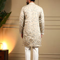 Classic Cream Viscose Silk Embroidered Designer Kurta Pyjama for Men