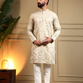 Classic Cream Viscose Silk Embroidered Designer Kurta Pyjama for Men