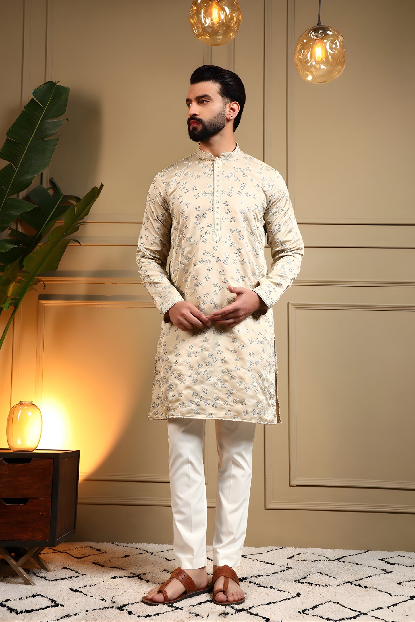 Classic Cream Viscose Silk Embroidered Designer Kurta Pyjama for Men