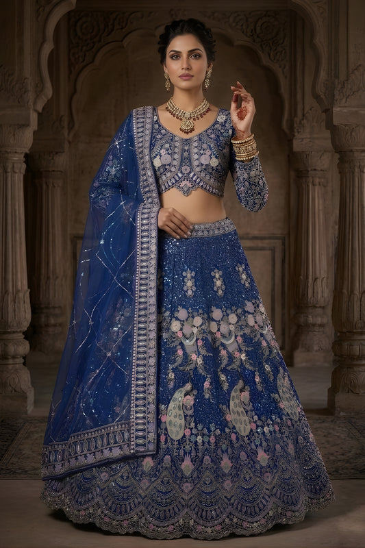 Luxury Royal Blue Butterfly Net Embroidered Designer Lehenga Choli with Dupatta for Wedding