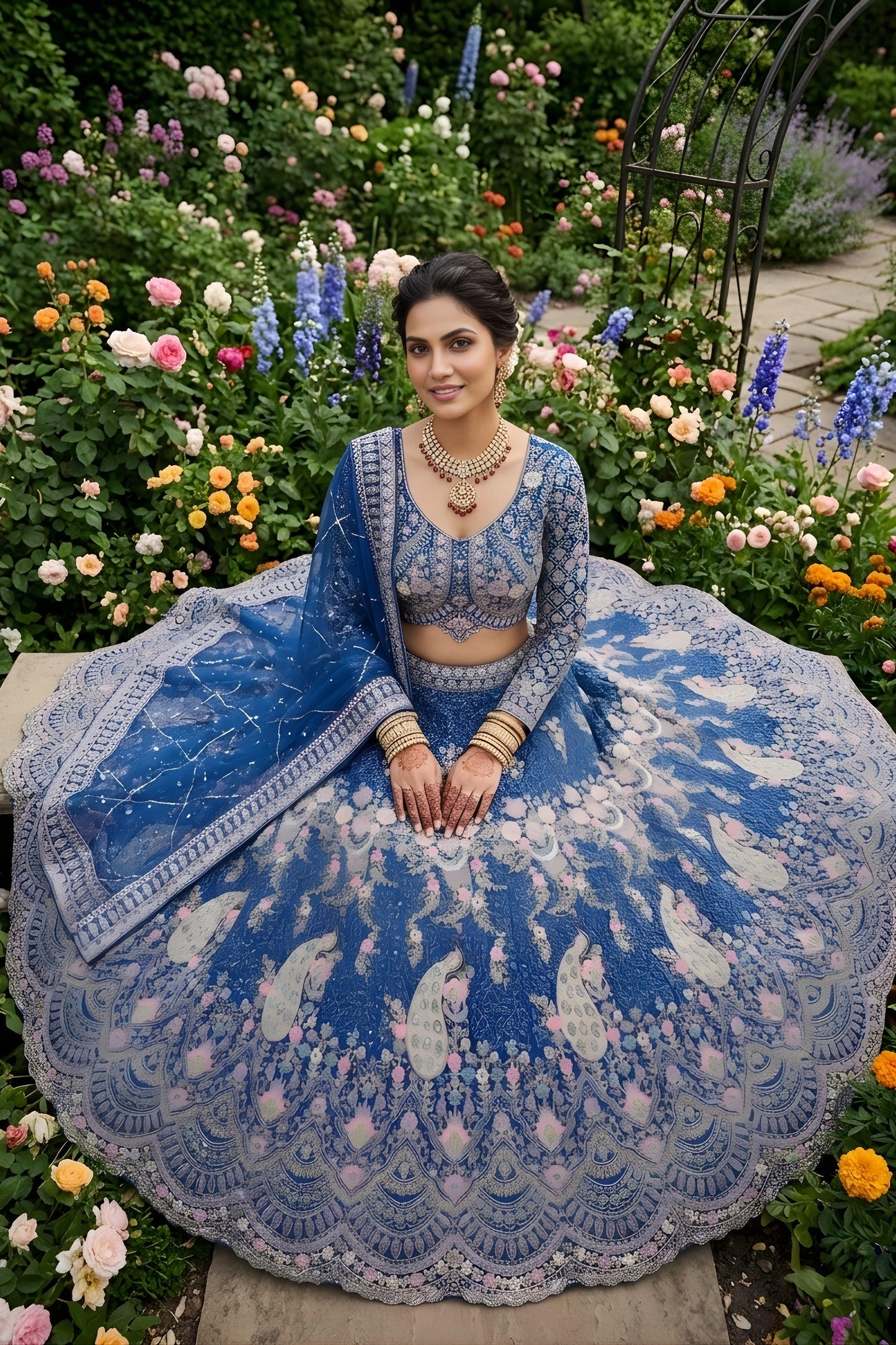 Luxury Royal Blue Butterfly Net Embroidered Designer Lehenga Choli with Dupatta for Wedding