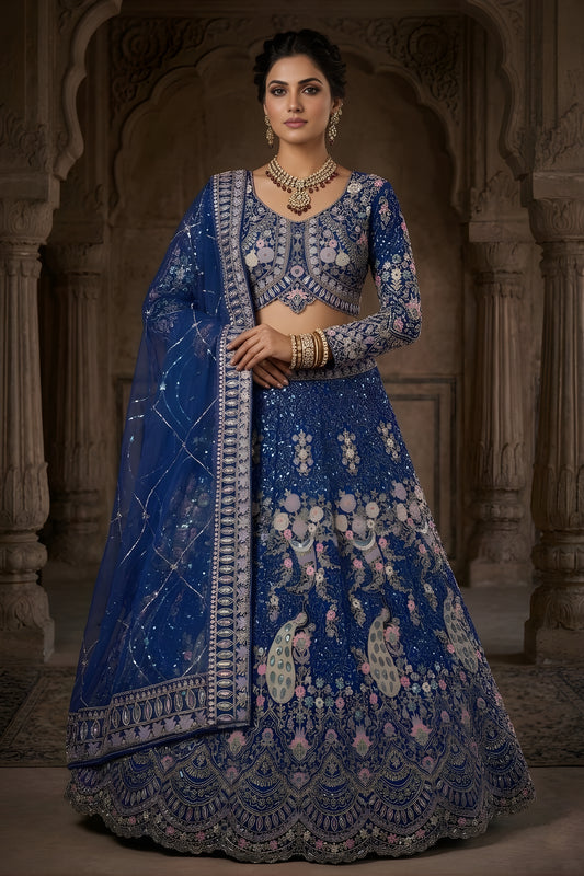 Luxury Royal Blue Butterfly Net Embroidered Designer Lehenga Choli with Dupatta for Wedding