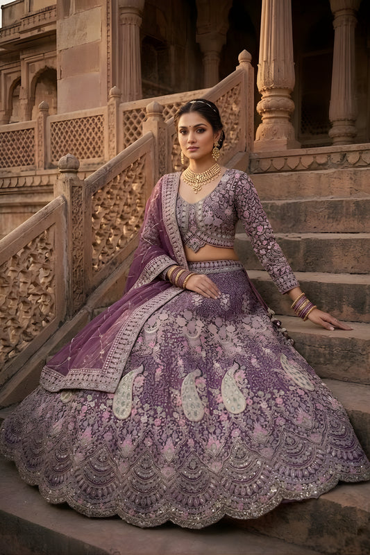 Elegant Purple Butterfly Net Embroidered Designer Lehenga Choli with Dupatta for Wedding