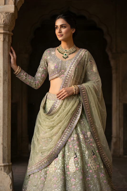 Latest Pista Green Butterfly Net Embroidered Designer Lehenga Choli with Dupatta for Wedding