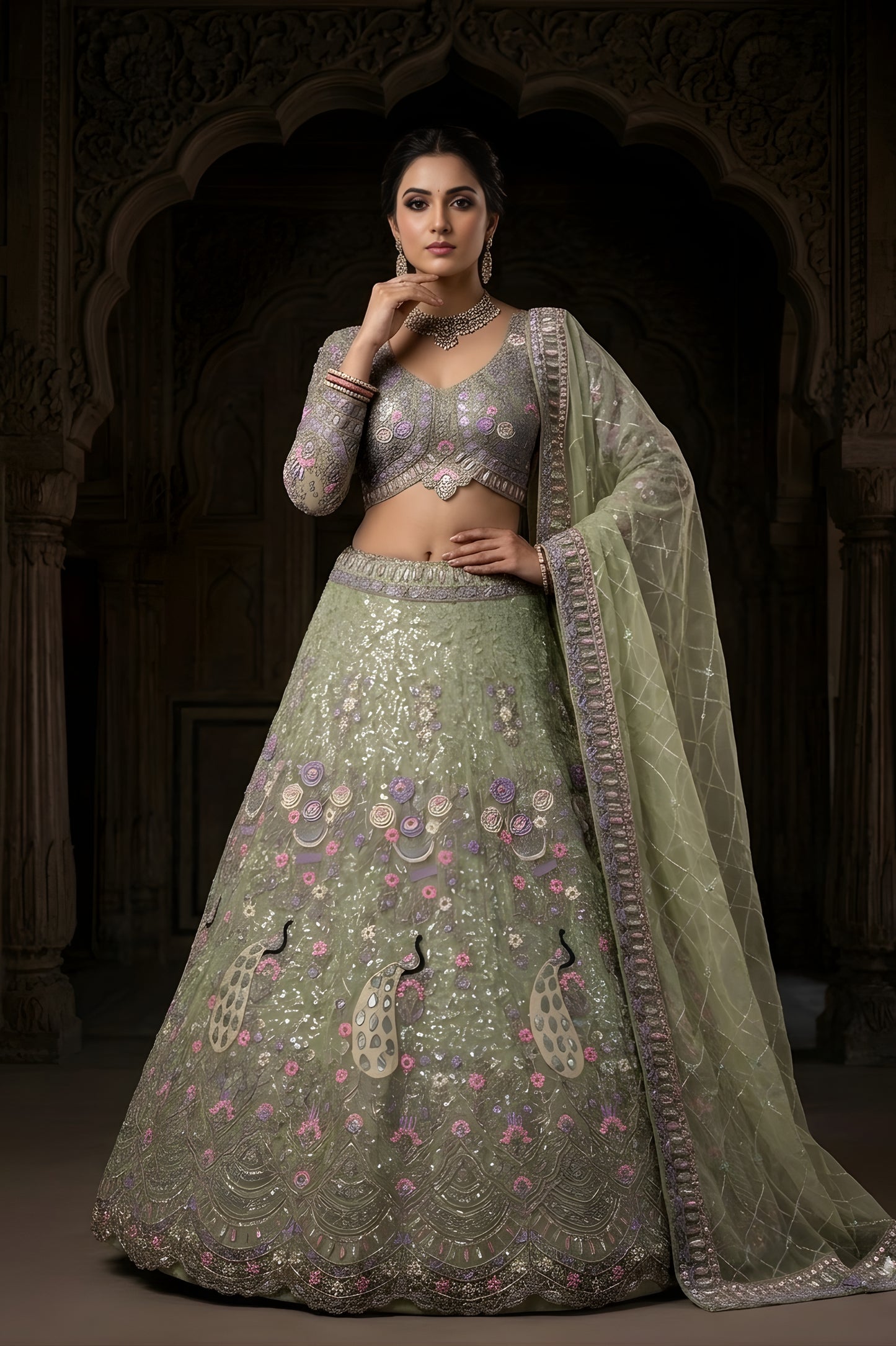Latest Pista Green Butterfly Net Embroidered Designer Lehenga Choli with Dupatta for Wedding