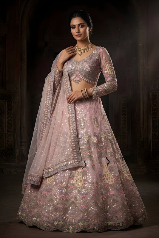 Lovely Pink Butterfly Net Embroidered Designer Lehenga Choli with Dupatta for Wedding