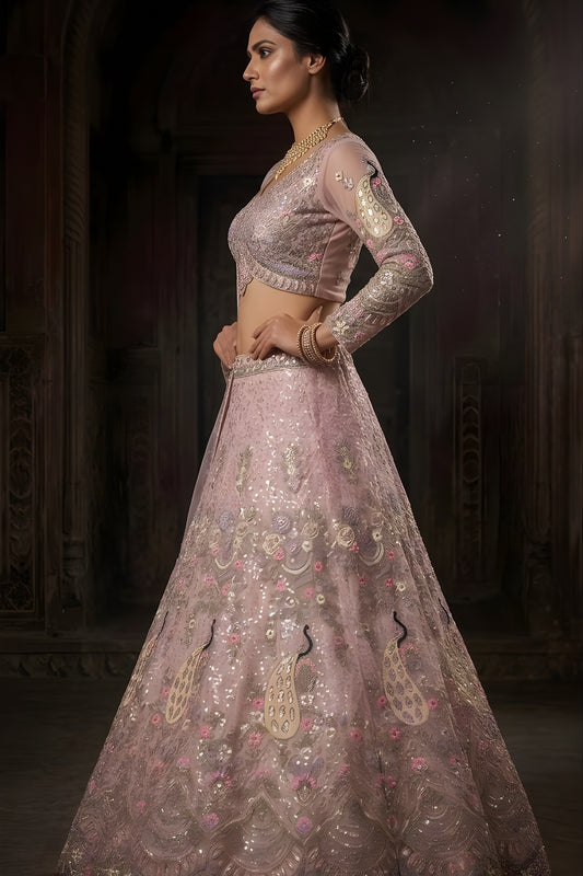 Lovely Pink Butterfly Net Embroidered Designer Lehenga Choli with Dupatta for Wedding
