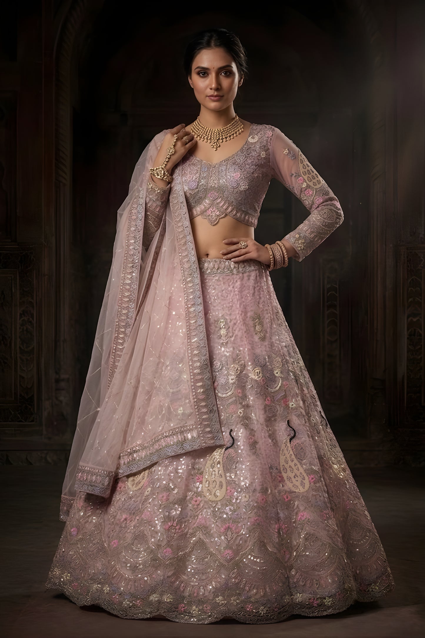 Lovely Pink Butterfly Net Embroidered Designer Lehenga Choli with Dupatta for Wedding