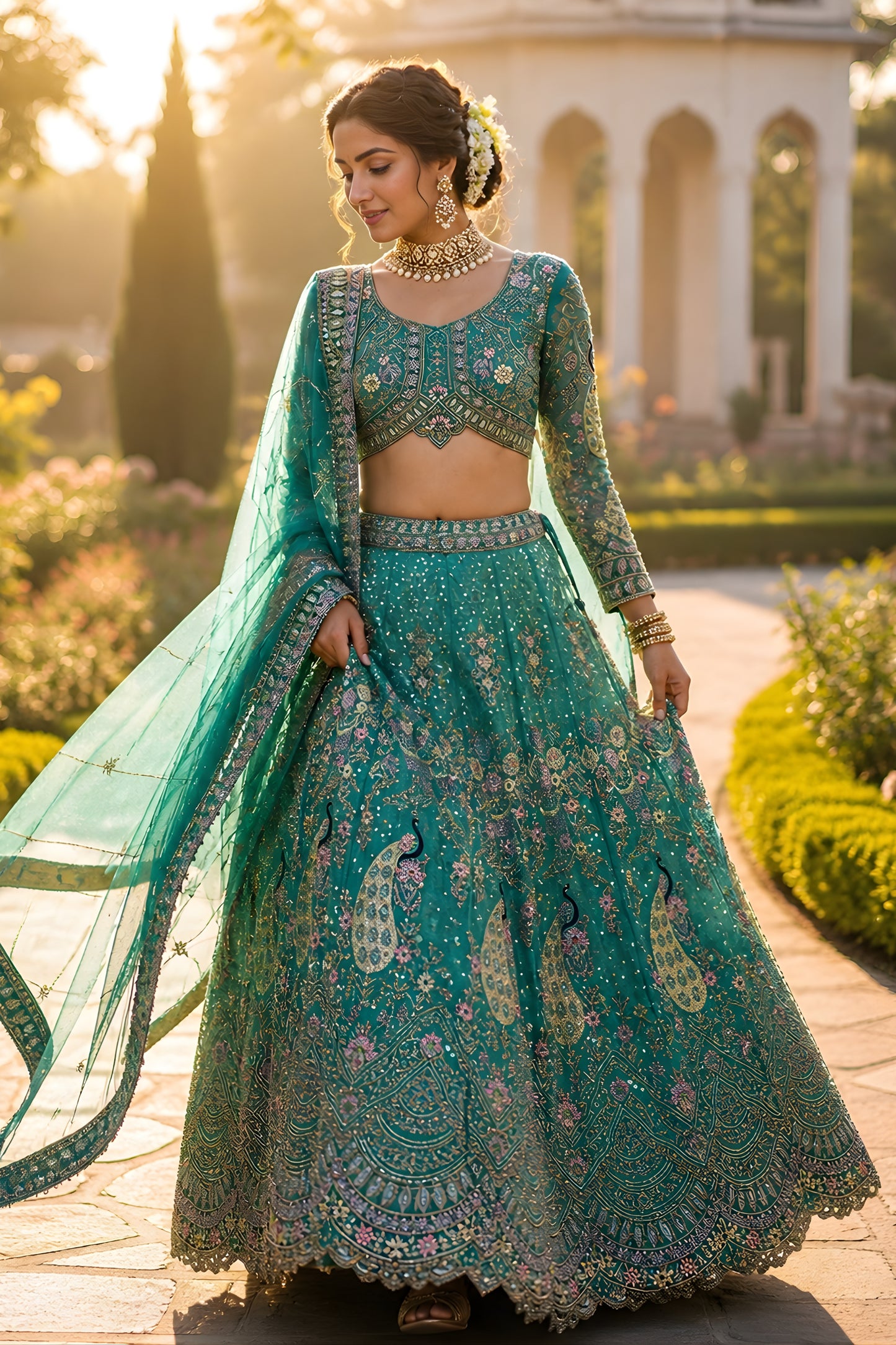 Wonderful Teal Green Butterfly Net Embroidered Designer Lehenga Choli with Dupatta for Wedding