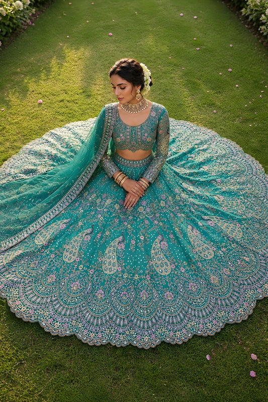 Wonderful Teal Green Butterfly Net Embroidered Designer Lehenga Choli with Dupatta for Wedding