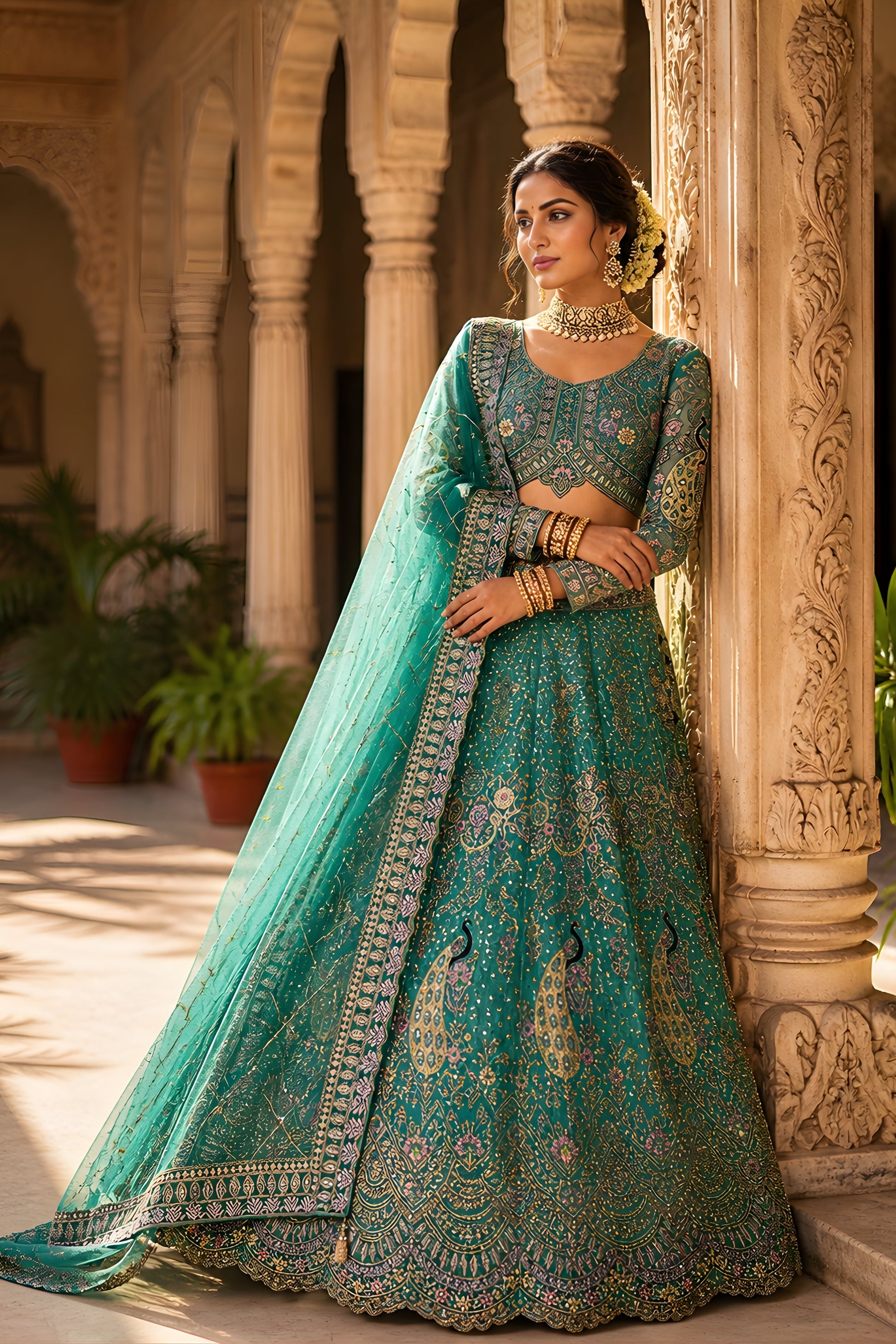 Wonderful Teal Green Butterfly Net Embroidered Designer Lehenga Choli with Dupatta for Wedding