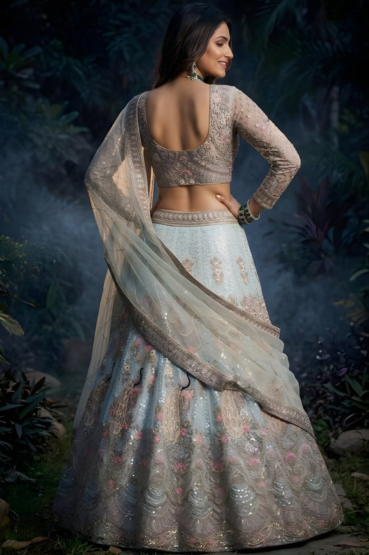 Graceful Sky Blue Butterfly Net Embroidered Designer Lehenga Choli with Dupatta for Wedding