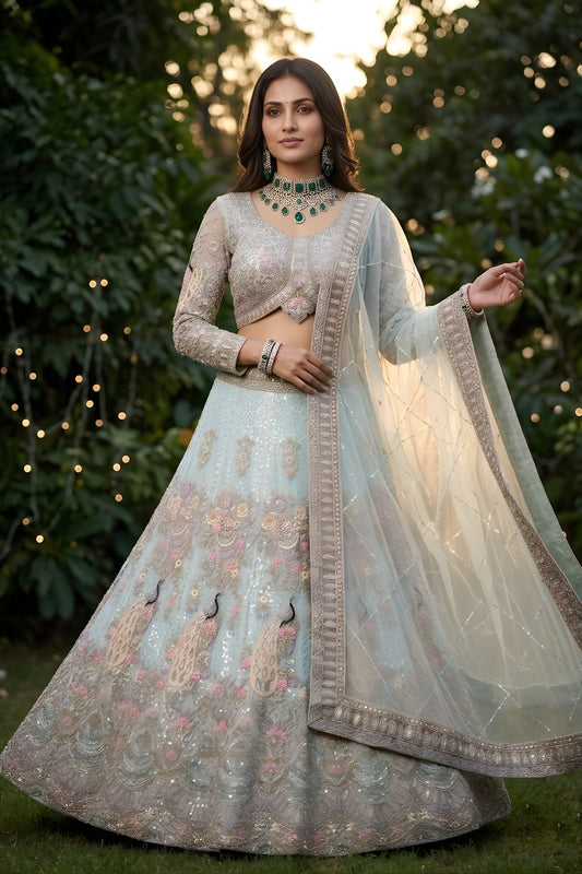 Graceful Sky Blue Butterfly Net Embroidered Designer Lehenga Choli with Dupatta for Wedding