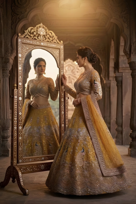 Stylish Mustard Yellow Butterfly Net Embroidered Designer Lehenga Choli with Dupatta for Wedding