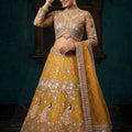 Stylish Mustard Yellow Butterfly Net Embroidered Designer Lehenga Choli with Dupatta for Wedding