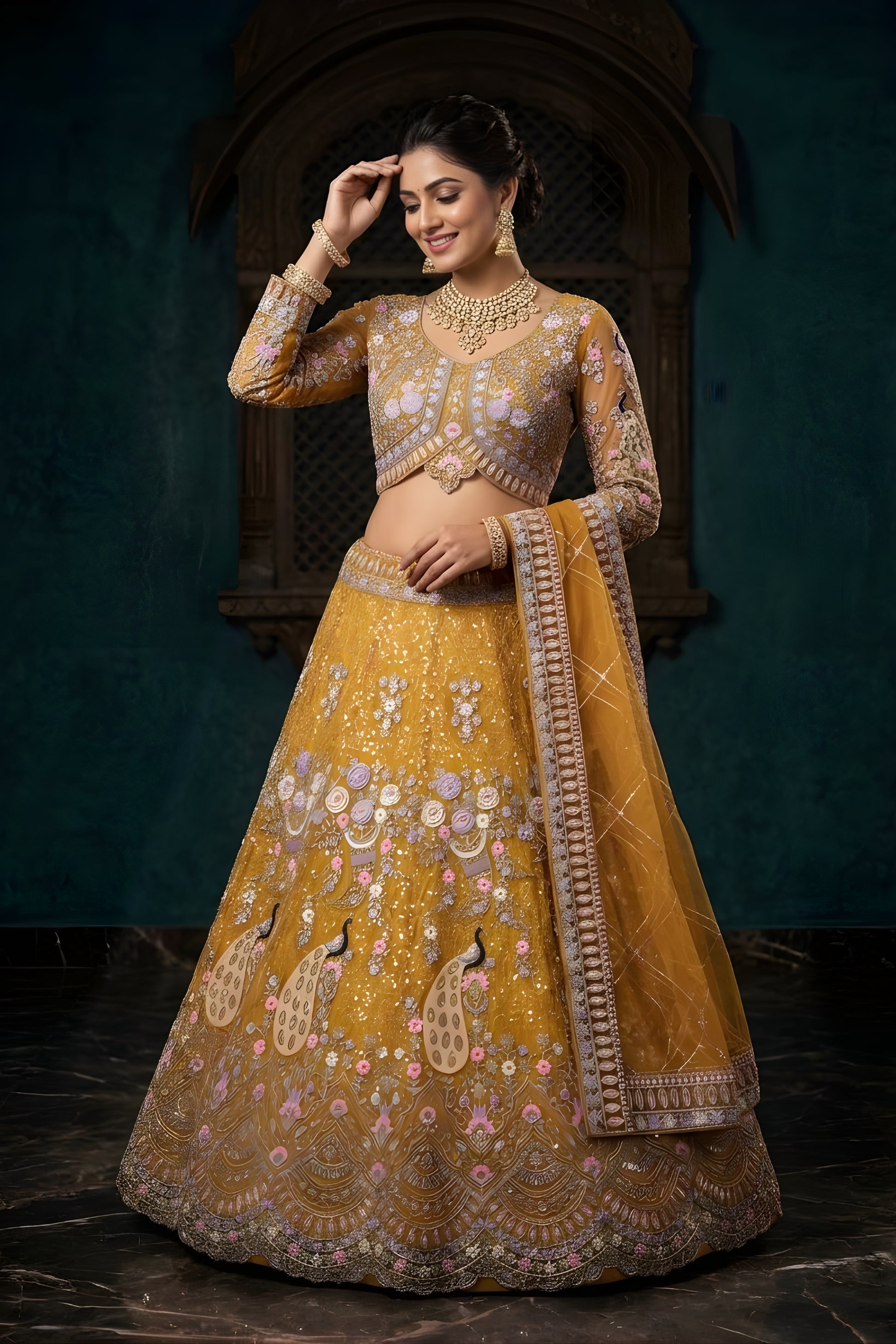 Stylish Mustard Yellow Butterfly Net Embroidered Designer Lehenga Choli with Dupatta for Wedding