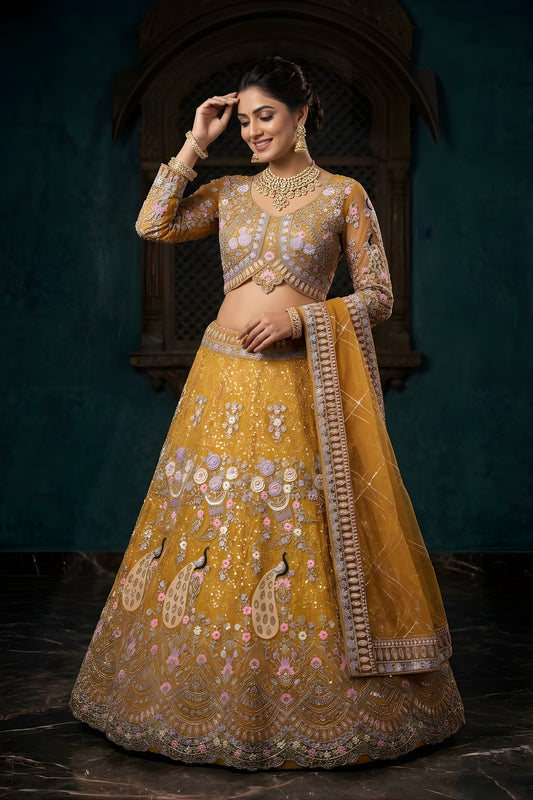 Stylish Mustard Yellow Butterfly Net Embroidered Designer Lehenga Choli with Dupatta for Wedding