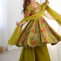 Elegant Olive Green Roman Silk Floral Printed Designer Palazzo Suit with Dupatta for Women