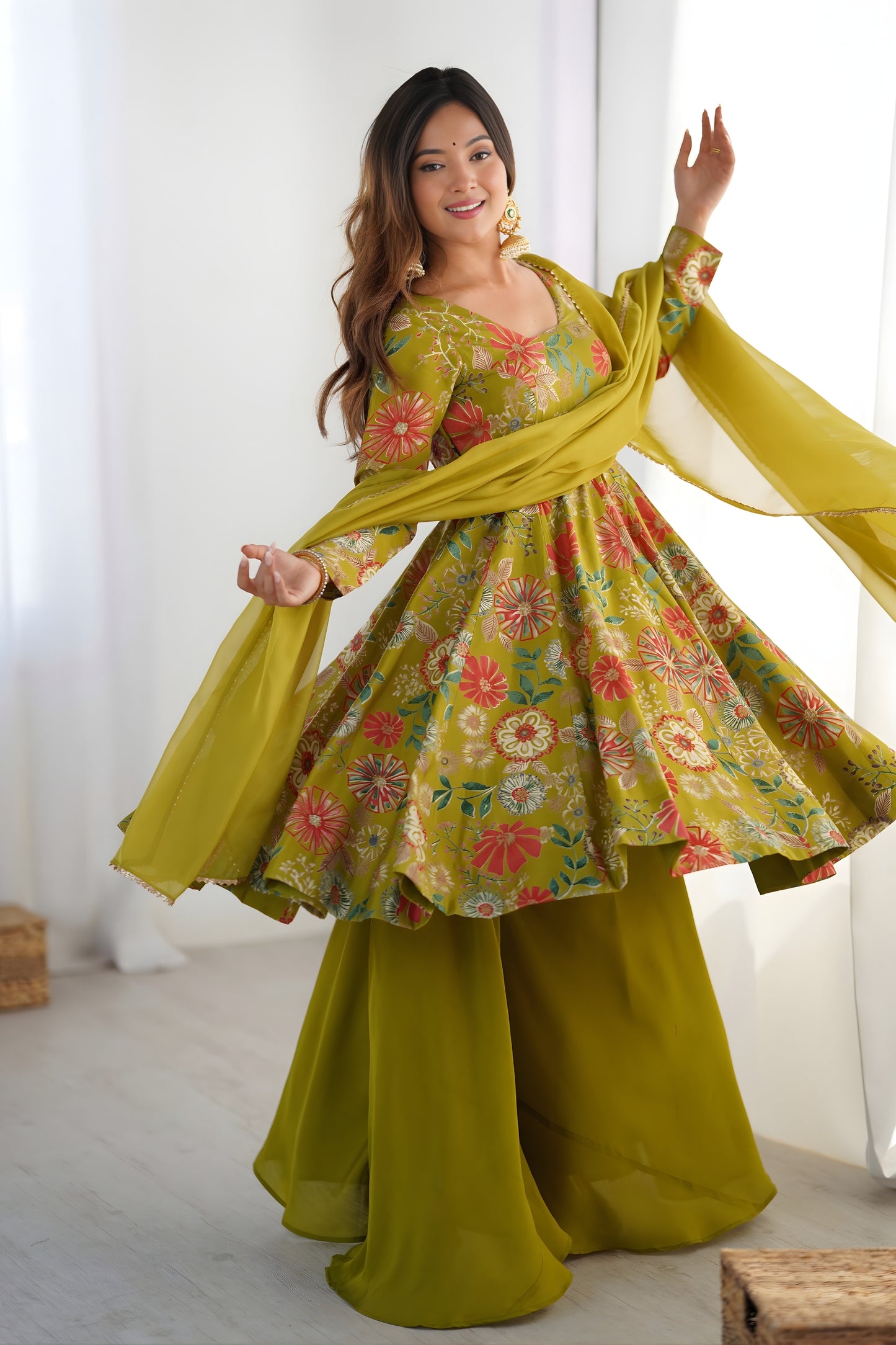 Elegant Olive Green Roman Silk Floral Printed Designer Palazzo Suit with Dupatta for Women