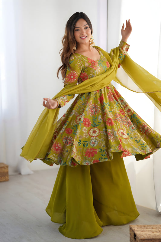 Elegant Olive Green Roman Silk Floral Printed Designer Palazzo Suit with Dupatta for Women