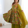 Elegant Olive Green Roman Silk Floral Printed Designer Palazzo Suit with Dupatta for Women