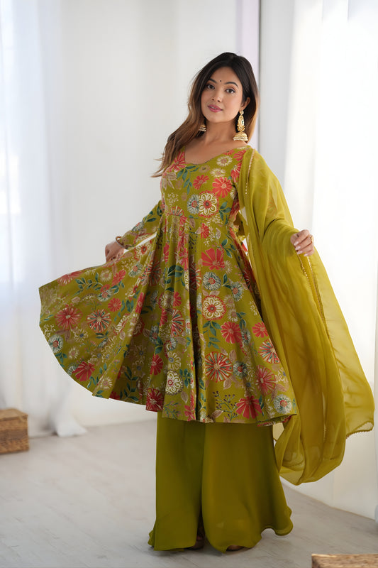 Elegant Olive Green Roman Silk Floral Printed Designer Palazzo Suit with Dupatta for Women
