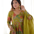 Elegant Olive Green Roman Silk Floral Printed Designer Palazzo Suit with Dupatta for Women