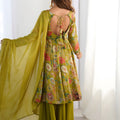 Elegant Olive Green Roman Silk Floral Printed Designer Palazzo Suit with Dupatta for Women