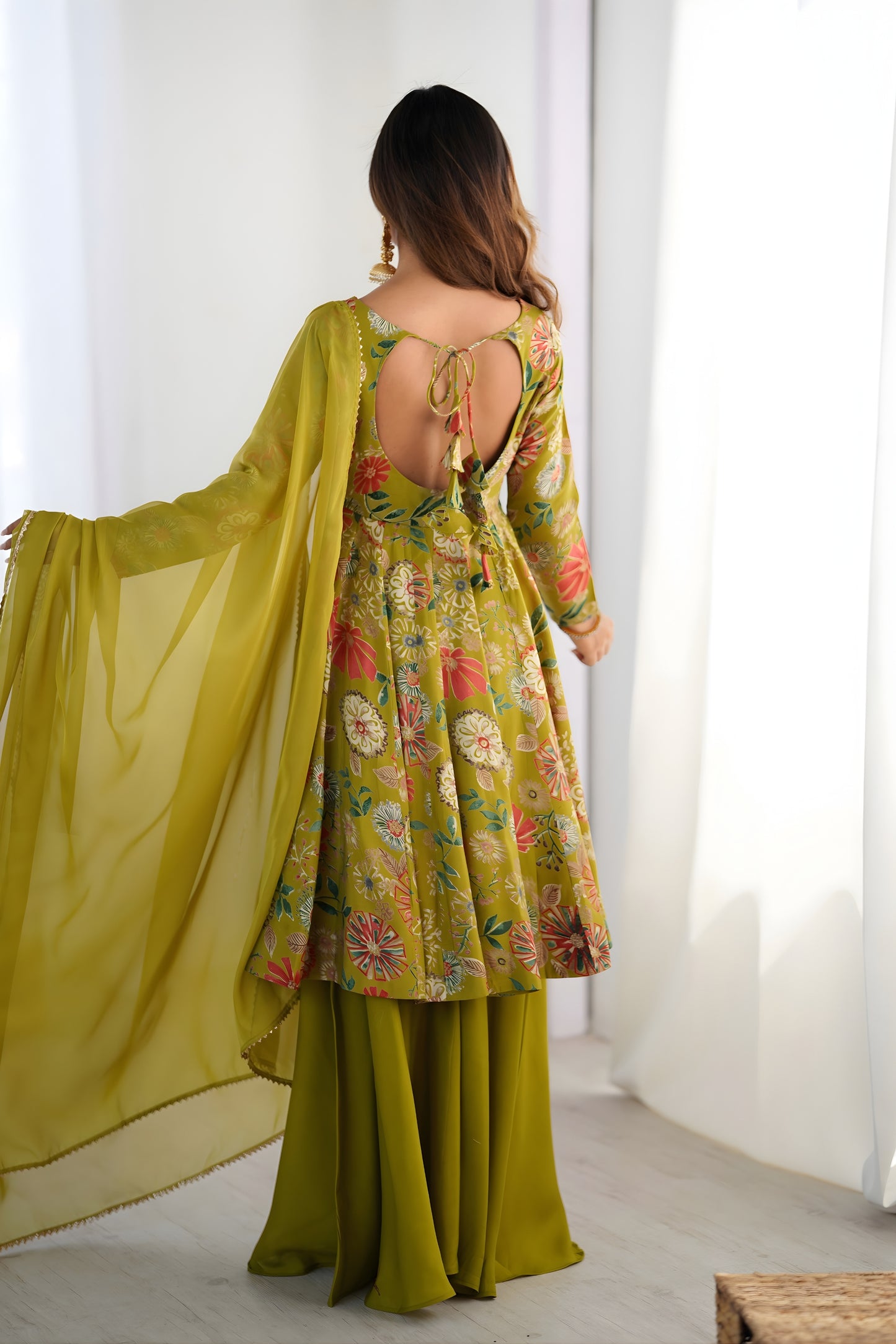 Elegant Olive Green Roman Silk Floral Printed Designer Palazzo Suit with Dupatta for Women