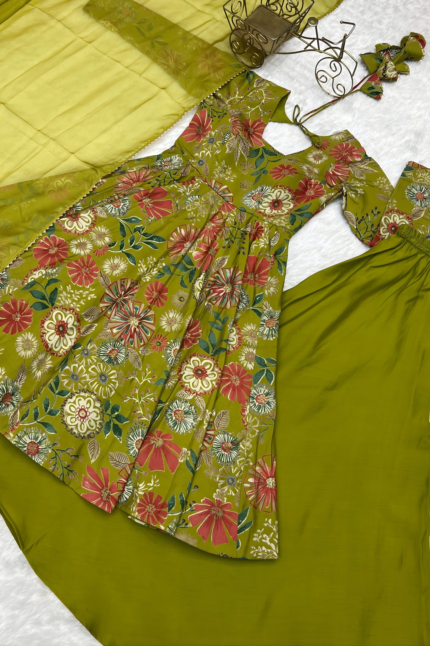 Elegant Olive Green Roman Silk Floral Printed Designer Palazzo Suit with Dupatta for Women